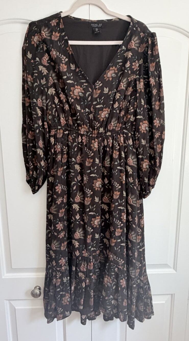 Rachel Zoe Boho Dress High Low Midi Size 2 Espresso Brown Long Sleeve V Neck